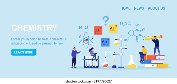 Chemistry pharmacy lab, science equipment. People learning chemical formula, elements. Scientific experiment in laboratory with reagents, test glass flask, chemical substances. Education, innovation