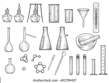 Chemistry or physics equipments collection illustration, drawing, engraving, ink, line art, vector