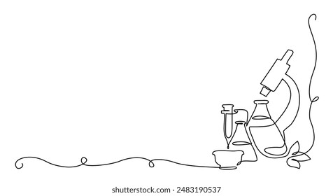 Chemistry and physics laboratory equipment education concept. Corner frame. Continuous one line drawing. Doodle vector illustration in simple linear style.