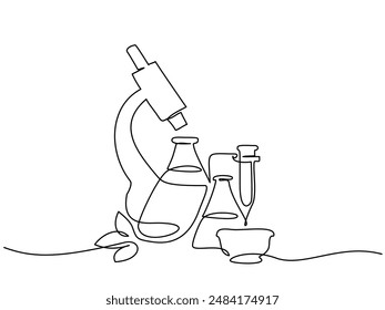 Chemistry and physics laboratory equipment. Education concept. Corner frame. Continuous one line drawing. Doodle vector illustration in simple linear style.