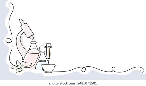 Chemistry and physics laboratory equipment education concept. Corner frame. Continuous one line drawing. Doodle vector illustration in simple linear style.