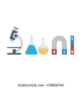 Chemistry and physics laboratory equipment vector icons for research and education.
