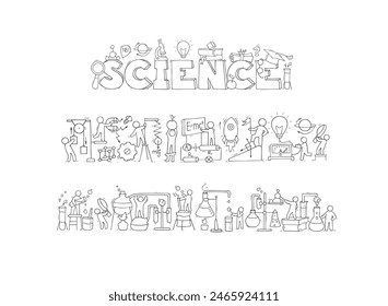 Iconos de la química y la física con los científicos del doodle en el laboratorio. Concepto de educación, investigación y experimentación con boceto de laboratorio químico escolar, microscopio, imán, Ilustración vectorial