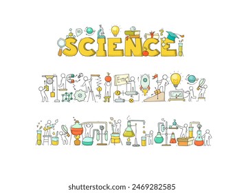 Chemistry and physics science icons with doodle scientists in laboratory. Concept of education, research and experiment with sketch of school chemical lab, microscope, magnet, vector illustration