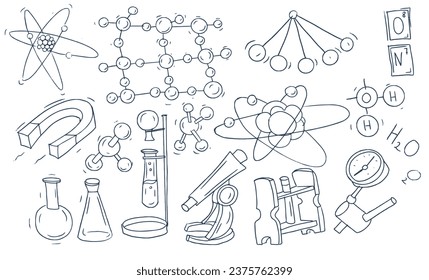
Chemistry and physics science learning education doodle sketch hand-drawn set of individual elements on a spruce background. Molecules, flasks, microscope, formulas, atoms, experiments, research