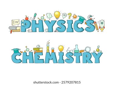 Chemistry and physics science words with doodle laboratory icons. Concept of education, research and experiment with sketch of school chemical lab, microscope, magnet, vector illustration