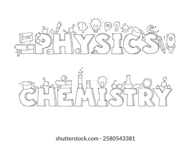 Chemistry and physics science words with doodle laboratory icons. Concept of education, research and experiment with sketch of school chemical lab, microscope, magnet, vector illustration