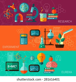 Chemistry and physics scientific research experiment eureka moment concept  flat horizontal banners set abstract isolated vector illustration