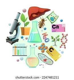 Chemistry picture in form of circle. Science items picture. Study of living cells of plants, animals and humans. Isolated on white background. Vector.