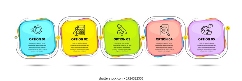 Chemistry pipette, Analytics chart and Fast recovery line icons set. Timeline process flowchart. Finance calculator sign. Laboratory, Report analysis, Backup timer. Calculate money. Vector