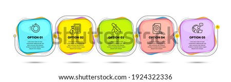 Chemistry pipette, Analytics chart and Fast recovery line icons set. Timeline process flowchart. Finance calculator sign. Laboratory, Report analysis, Backup timer. Calculate money. Vector