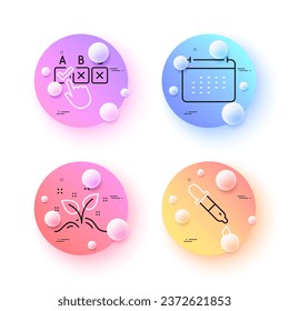 Chemistry pipette, Calendar and Correct checkbox minimal line icons. 3d spheres or balls buttons. Startup concept icons. For web, application, printing. Laboratory, Schedule planner, Answer. Vector