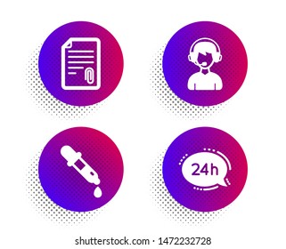 Chemistry pipette, Consultant and Attachment icons simple set. Halftone dots button. 24h service sign. Laboratory, Call center, Attach file. Call support. Business set. Vector