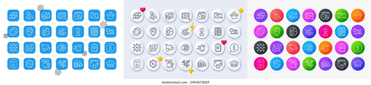 Chemistry pipette, Reject certificate and Clipboard line icons. Square, Gradient, Pin 3d buttons. AI, QA and map pin icons. Pack of Cloud computing, Online test, Anti-dandruff flakes icon. Vector