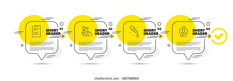 Chemistry pipette, Report document and Music phone line icons set. Timeline infograph speech bubble. Chemistry lab sign. Laboratory, Statistics file, Radio sound. Education set. Vector
