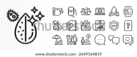 Chemistry pipette, Report document and Speech bubble line icons for web app. Glare of light effect. Message icon. Pack of Water splash, Support, Card pictogram icons. Vector
