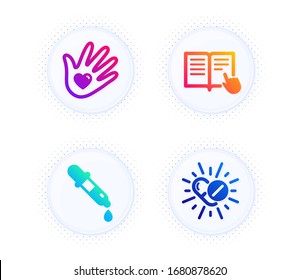 Chemistry pipette, Social responsibility and Read instruction icons simple set. Button with halftone dots. Medical drugs sign. Laboratory, Helping hand, Opened book. Medicine pills. Vector