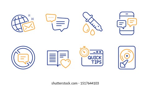 Chemistry pipette, Text message and Stop talking line icons set. Phone messages, Love book and World mail signs. Quick tips, Hdd symbols. Laboratory, Chat bubble. Technology set. Vector