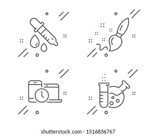 Chemistry pipette, Time management and Paint brush line icons set. Chemistry lab sign. Laboratory, Laptop device, Creativity. Education set. Line chemistry pipette outline icon. Vector