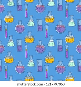 Chemistry pot seamless pattern. Hand drawn illustration of chemistry pot vector seamless pattern for web design
