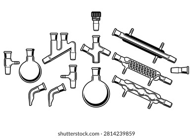 Chemistry practice tool set and chemistry laboratory equipment flask. A collection of black and white line art depicting chemical laboratory glassware like condensers and round flasks. Ideal for science textbooks or educational materials.