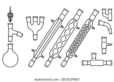 Chemistry practice tool set and chemistry laboratory equipment flask. A collection of black and white line icons representing various laboratory glassware including condensers and flasks. Ideal for educational posters or scientific manuals.