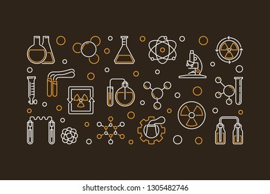 Chemistry of Radioactive Elements vector concept horizontal outline illustration on dark background