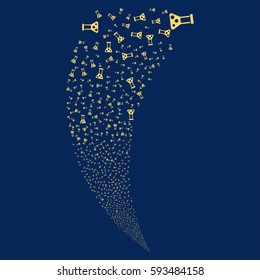 Chemistry random fireworks stream. Vector illustration style is flat yellow iconic symbols on a blue background. Object fountain combined from scattered pictographs.