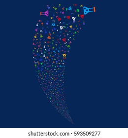Chemistry random fireworks stream. Vector illustration style is flat bright multicolored iconic symbols on a blue background. Object fountain combined from scattered icons.