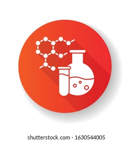 Chemistry red flat design long shadow glyph icon. Science and medicine research. Biochemistry and pharmacology. Protein molecules, cells connection. Silhouette RGB color illustration