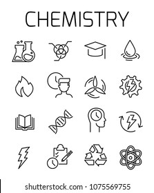 Chemistry related vector icon set. Well-crafted sign in thin line style with editable stroke. Vector symbols isolated on a white background. Simple pictograms.