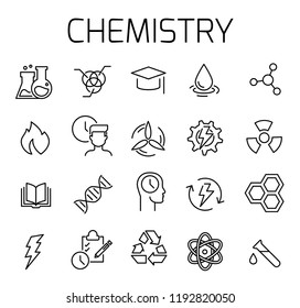 Chemistry related vector icon set. Well-crafted sign in thin line style with editable stroke. Vector symbols isolated on a white background. Simple pictograms.