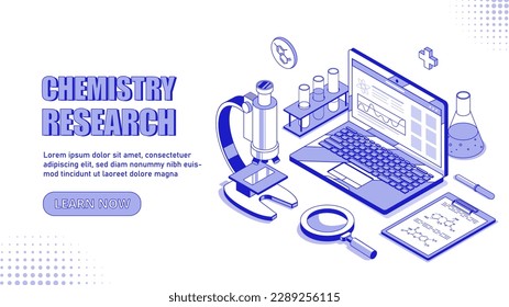 Concepto de investigación química. Microscopio, lupa y tubos de ensayo junto al ordenador portátil. Experimento científico en laboratorio y estudio de la interacción de reactivos. Ilustración vectorial isométrica de dibujos animados