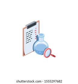Chemistry research document. Vector 3d isometric, color web icon, new flat style. Creative illustration design, idea for infographics.