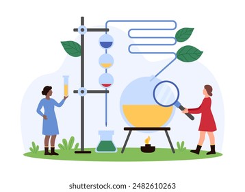 Chemistry research in laboratory, discovery and analytical analysis of science experiment. Tiny people looking through magnifying glass at chemical liquid in flask cartoon vector illustration