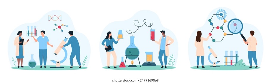 Chemistry research, molecular analysis set. Tiny people study chemical reaction of boiling on burner reagents in test tubes, work with lab microscope and magnifying glass cartoon vector illustration