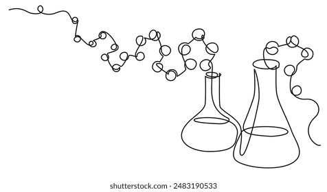 Chemistry retorts equipment with molecules concept. Continuous one line drawing. Doodle vector illustration in simple linear style.