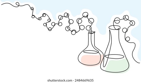 Chemie erwidert Ausrüstung mit Molekülkonzept. Durchgehende einzeilige Zeichnung. Doodle Vektorillustration im schlichten Linearstil.