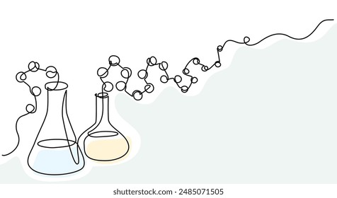 Chemistry retorts equipment with molecules concept. Continuous one line drawing. Doodle vector illustration in simple linear style.