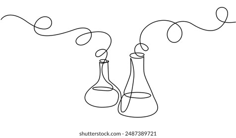 Chemie erwidert Geräte mit welligem Rauch. Bildung. Durchgehende einzeilige Zeichnung. Doodle Vektorillustration im schlichten Linearstil.