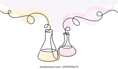 Chemistry retorts equipment with wavy smoke. Education concept. Continuous one line drawing. Doodle vector illustration in simple linear style.