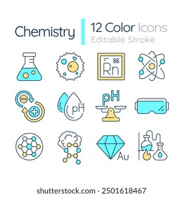 Conjunto de iconos de color RGB de química. Materia escolar. Equipo de laboratorio. Enlace químico y reacción. Ilustraciones vectoriales aisladas. Colección de planos de línea rellenos simples. Trazo editable