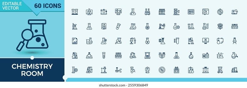 Chemistry Room linear icon collection. Featuring research, experiment, app, scientific, medicine and more. Collection for mobile and web apps. Editable vector outline and solid icons.
