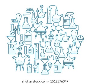 Chemistry round background. Education science. The production of chemicals kit. Laboratory research experiments equipment. Contour blue line.