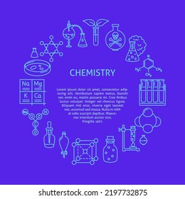 Chemistry round banner in line style with place for text. Vector illustration.