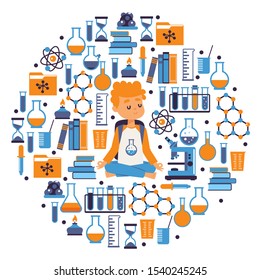 Chemistry round frame composition, vector illustration. School education, science icons in flat style. Young boy meditating, chemistry student cartoon character. Laboratory research items, chemicals
