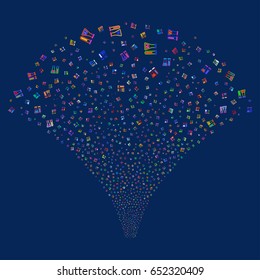 Chemistry salute stream. Vector illustration style is flat bright multicolored iconic symbols on a blue background. Object explosion fountain made from random pictograms.