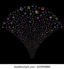 Chemistry salute stream. Vector illustration style is flat bright multicolored iconic symbols on a black background. Object fireworks fountain combined from random icons.