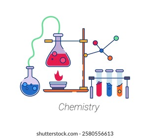 Chemistry school discipline, subject in university or college. Vector isolated flat cartoon icon for student curriculum. Education and knowledge in chemical processes, substances and molecules