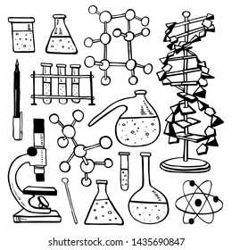 Chemistry school lesson items. Hand drawn outline doodle sketch vector objects set. DNA and atom models, microscope, tubes. Black on white background